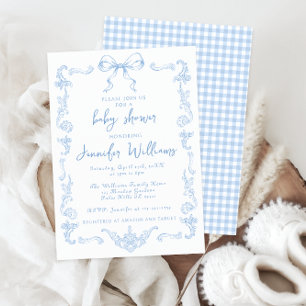 Invitation Bain de bébé garçon à carreaux et toile vintage bl