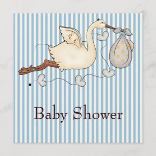 Invitation Bain de bébé garçon à rayures bleues avec cigogne