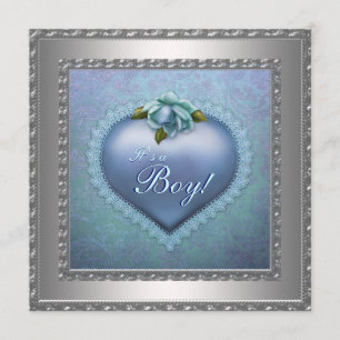 Invitation Bain de bébé garçon bleu sarcelle marine damassé