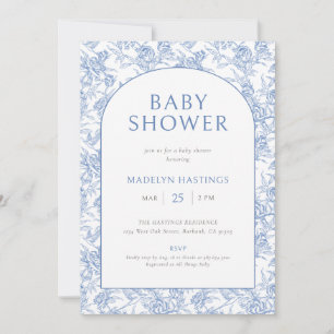 Invitation Bain de bébé garçon Toile De Jouy vintage bleue