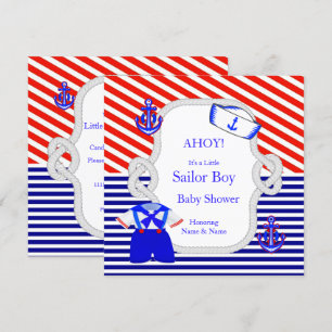 Invitation Bain de bébé Marin Costume Garçon Rouge Rayure Roy