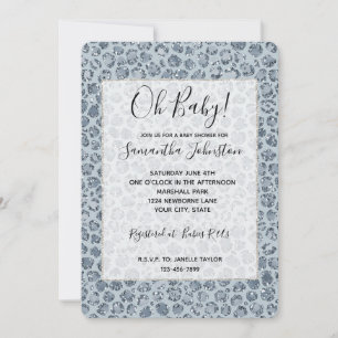 Invitation Bain de bébé Paillettes Imprimé Léopard Bleu Denim