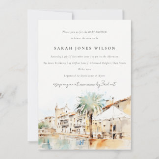 Invitation Bain de bébé paysage aquarelle Mallorca Espagne