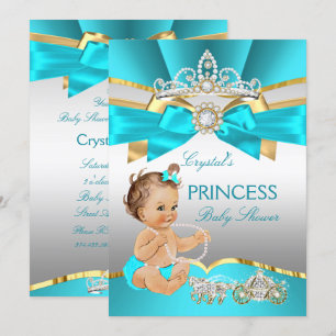 Invitation Bain de bébé Princesse Bleu Sarcelle Or Brunette