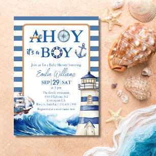 Invitation Bain de bébé Voile Classique Bleu Blanc Nautical