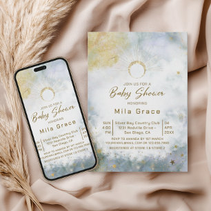 Invitation Bain de Couleur Céleste Doré pour Baby Shower