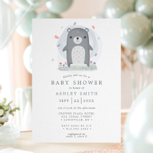 Invitation Bain de couleur gris ours mignon simple garçons Ba