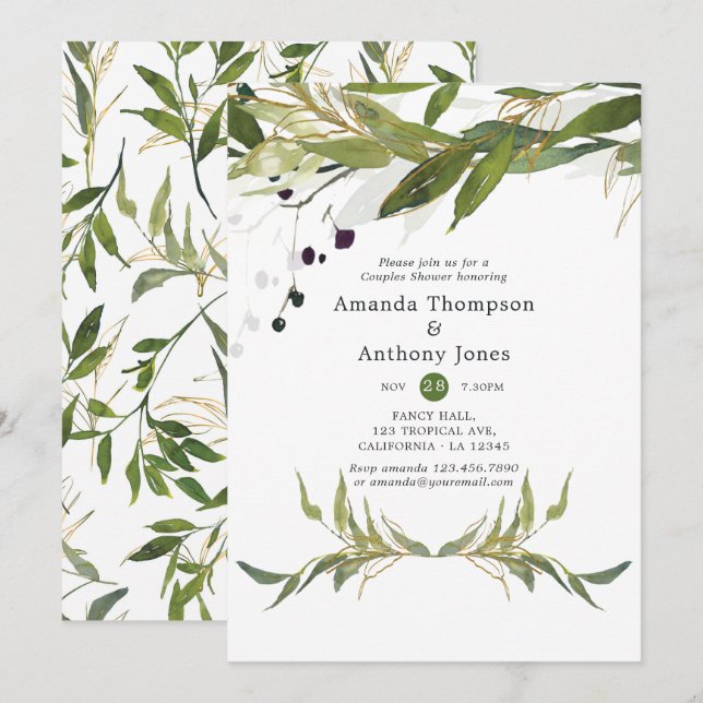 Invitation Bain de couples à la feuille d'aquarelle verdure (Devant / Derrière)