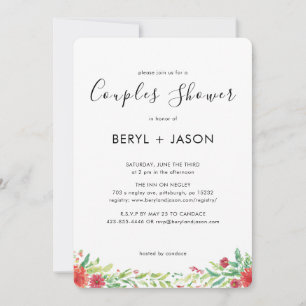 Invitation Bain de couples floral à l'aquarelle cramoisie élé