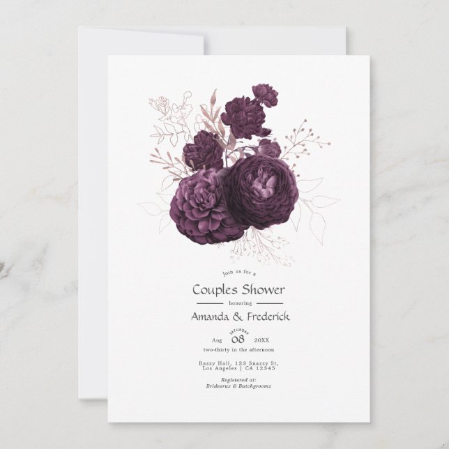 Invitation Bain de couples floral or rose et violet foncé (Devant)