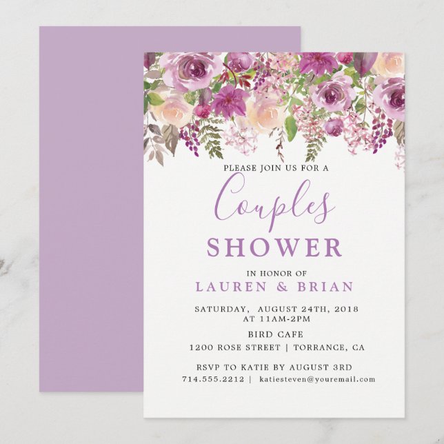 Invitation Bain de couples mixte floral lavande violet (Devant / Derrière)