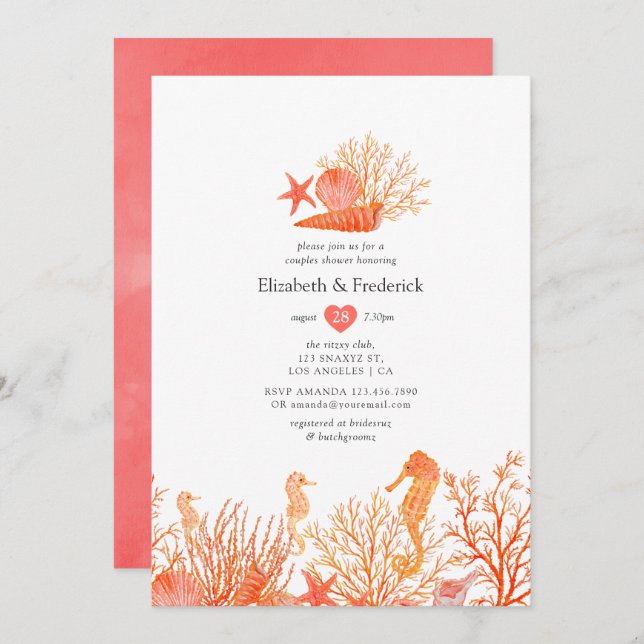 Invitation Bain de couples plage de corail vivant aquarelle (Devant / Derrière)