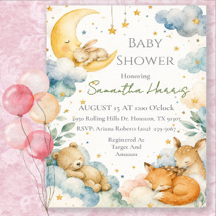 Invitation Bain de lune céleste à l'aquarelle pour bébé