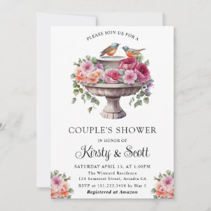 Invitation Bain d'oiseaux floral à l'aquarelle Couple de douc