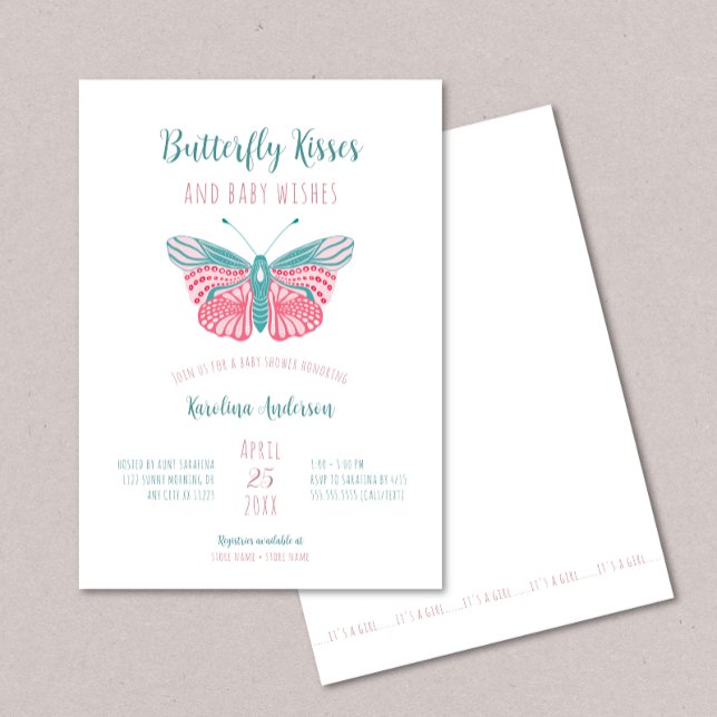 Invitation Baisers à papillon + Bébé Voeux baby shower fille (Créateur téléchargé)