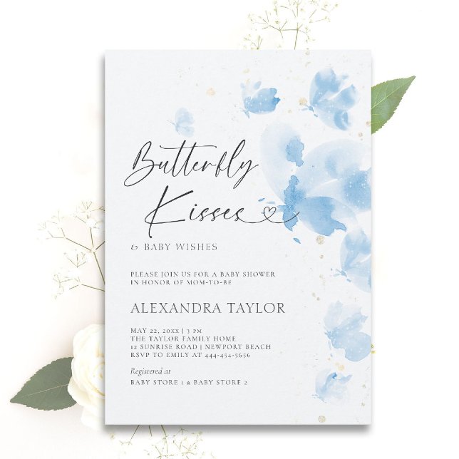 Invitation Baisers à papillon Dreamy Aquarelle Bébé Garçon Do (butterfly baby shower theme boy invitation watercolor whimsical dreamy blue garden party )