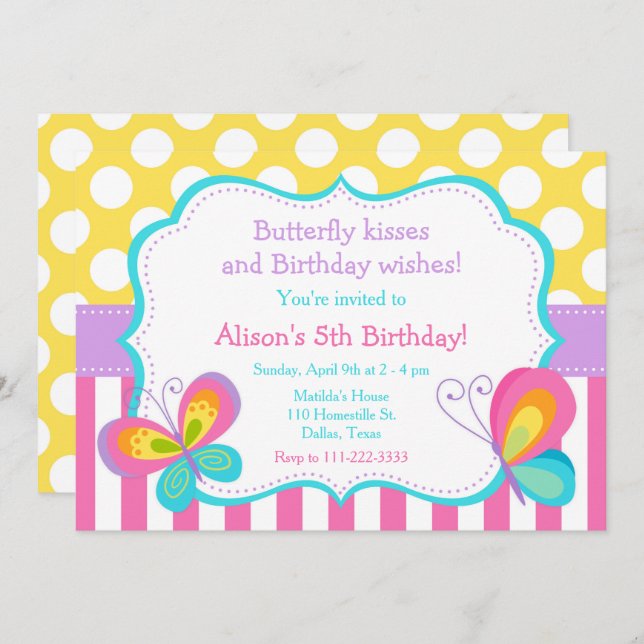 Invitation Baisers à papillon et fête des voeux d'anniversair (Devant / Derrière)