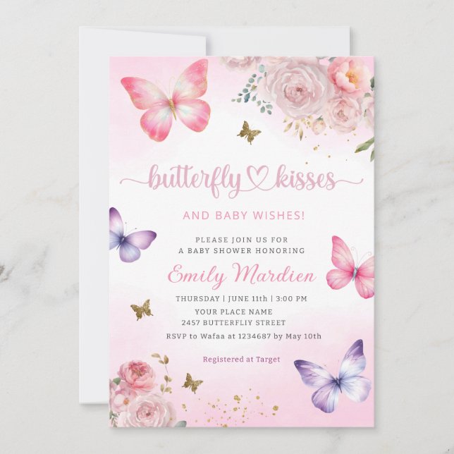 Invitation Baisers à papillon et voeux de bébé Baby shower fi (Devant)