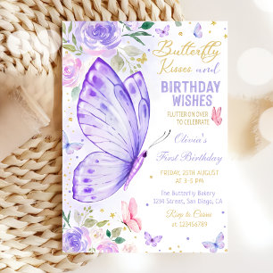 Invitation Baisers à papillon floral violet et souhaits d'ann