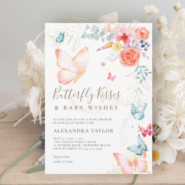 Invitation Baisers à papillon Jardin de pêche Bébé Fille Douc (butterfly kisses baby shower invitation bright colorful garden peach orange teal blue whimsical)