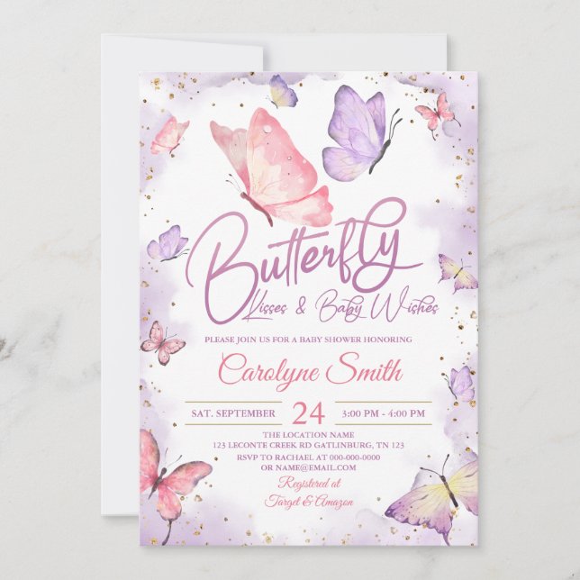 Invitation Baisers à papillon pourpre et Baby shower de voeux (Devant)