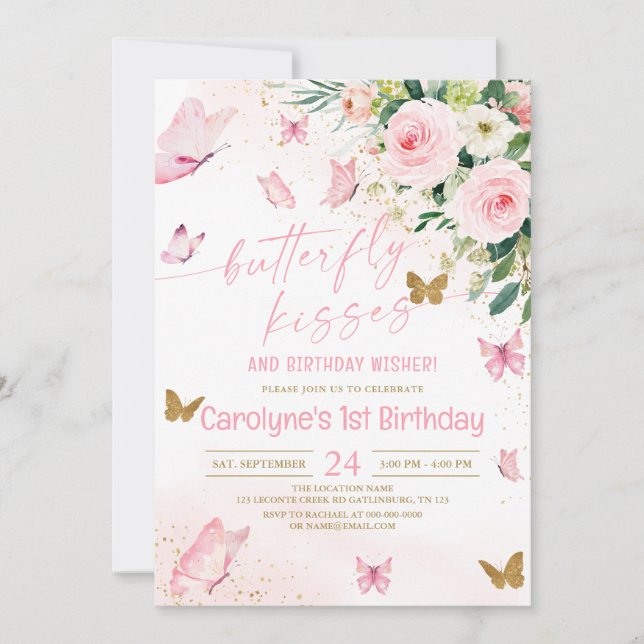 Invitation Baisers à papillon rose et souhaits d'anniversaire (Devant)