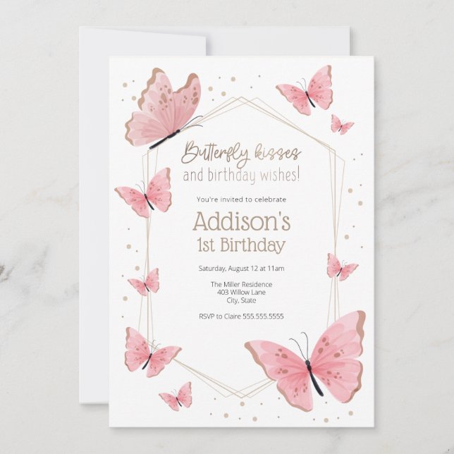 Invitation Baisers à papillon rose et voeux d'anniversaire An (Devant)