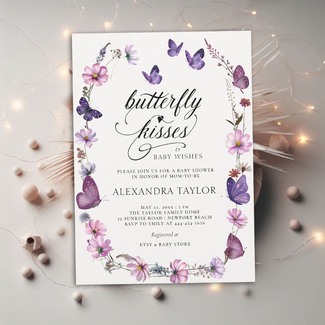 Invitation Baisers à papillon sauvage pourpre bébé fille douc (butterfly kisses baby wishes girl shower invitation purple pink garden watercolor spring summer boho)