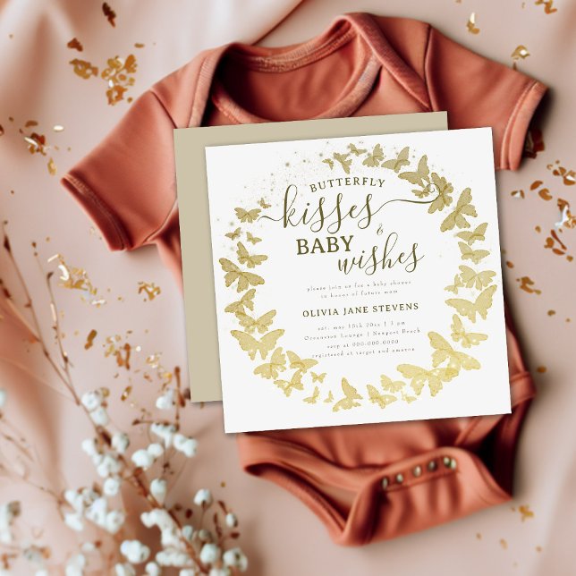 Invitation Baisers à papillon veut Baby shower Or Élégant (Créateur téléchargé)