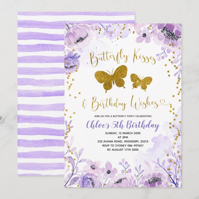 Invitation Baisers à papillon violet de lavande et anniversai (Devant / Derrière)