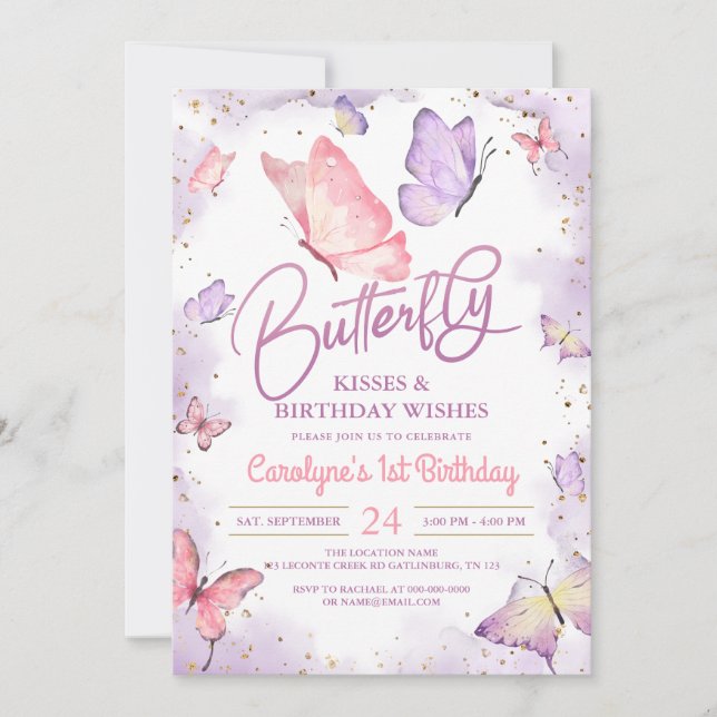 Invitation Baisers à papillon violet et voeux d'anniversaire (Devant)