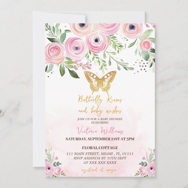 Invitation Baisers papillon Baby shower rose (Devant)
