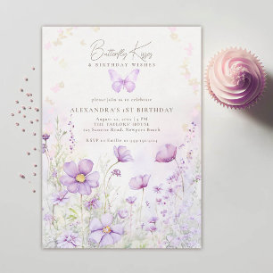 Invitation Baisers papillon Violet Fleurs sauvages 1er annive