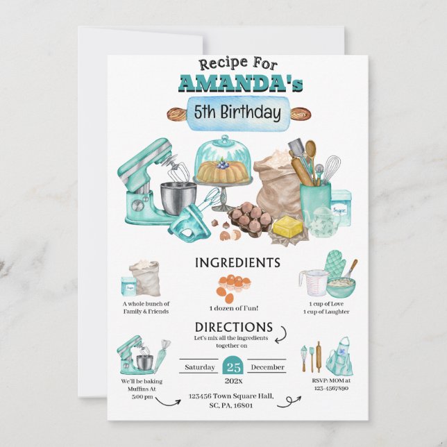 Invitation Baking Anniversaire Fille Cuisine Anniversaire Fêt (Devant)