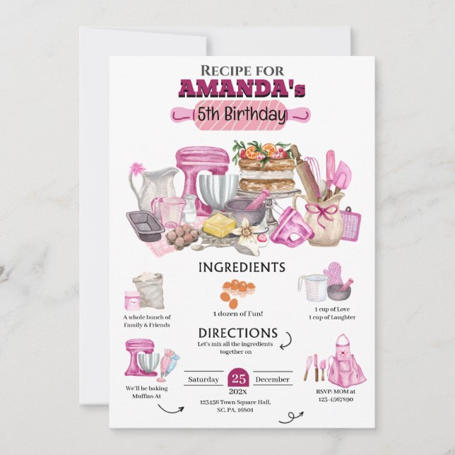 Invitation Baking Anniversaire Fille Cuisine Anniversaire Fêt (Devant)