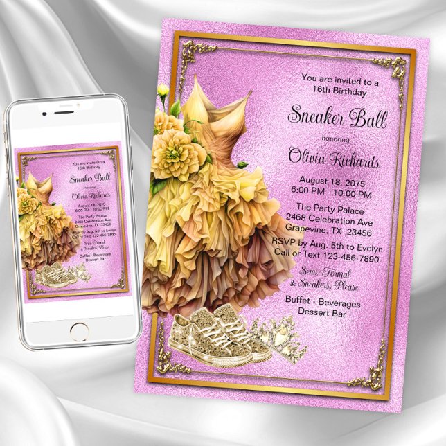 Invitation Bal à chaussures en or rose (Pink gold sneaker ball invitations. Instant downloads and printed invitations are available.)