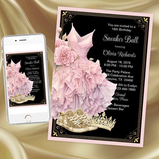 Invitation Bal Basket d'or rose Noir Anniversaire (Pink black gold sneaker ball invitation. Instant download and printed invitations available.)