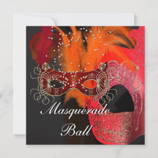 Invitation Bal de masques aux masques orange rouge noir