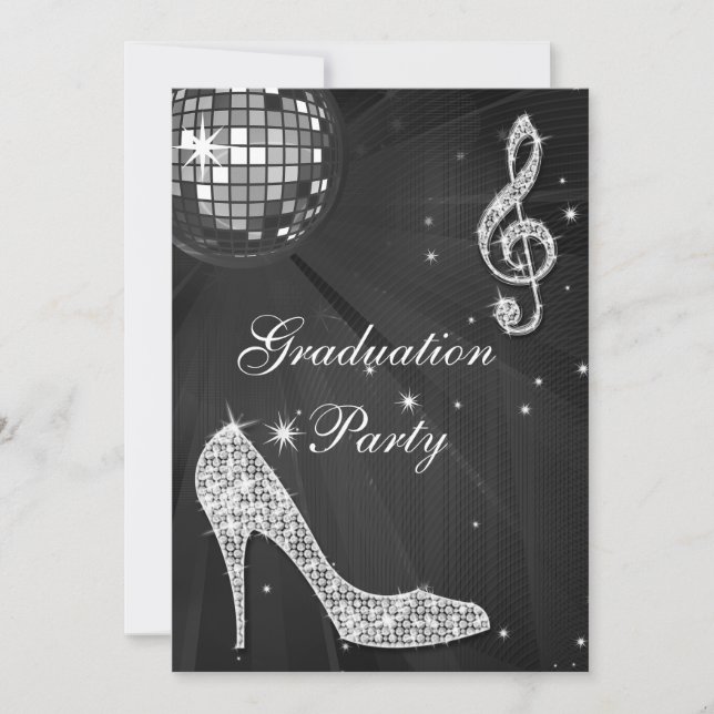 Invitation Bal Disco Noir & Argent Étincelle Talons Graduatio (Devant)