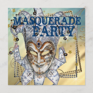 Invitation Bal masqué bleu argent et or