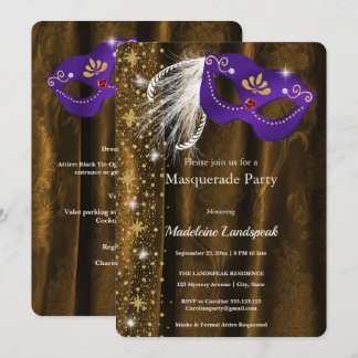 Invitation Bal masqué damassé violet et or royal