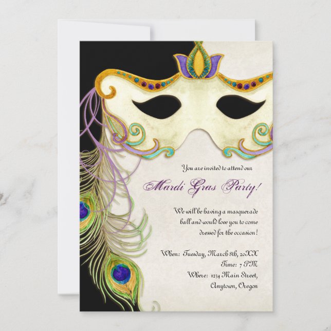 Invitation Bal Masqué de Paon - Soirée de Mardi Gras (Devant)