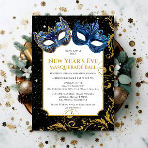 Invitation Bal masqué du Nouvel An bleu or