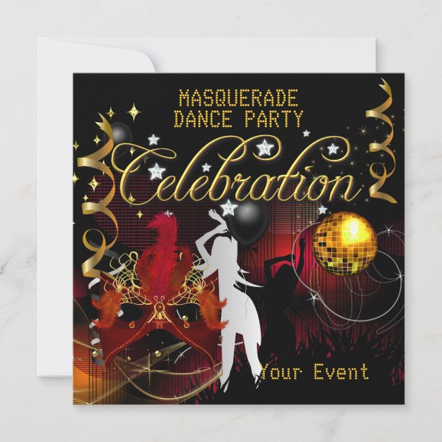 Invitation Bal masqué Fête de danse Rouge Or Disco (Devant)