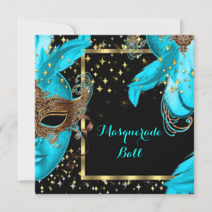 Invitation Bal Masqué Masque Bleu Turquoise Soirée Masquée