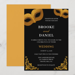 Invitation Bal masqué noir et or Élégant Mariage