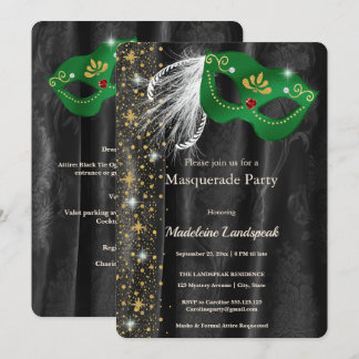Invitation Bal masqué vert émeraude en velours damassé