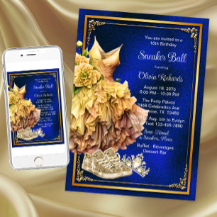 Invitation Bal royal bleu et or de chaussures de sport