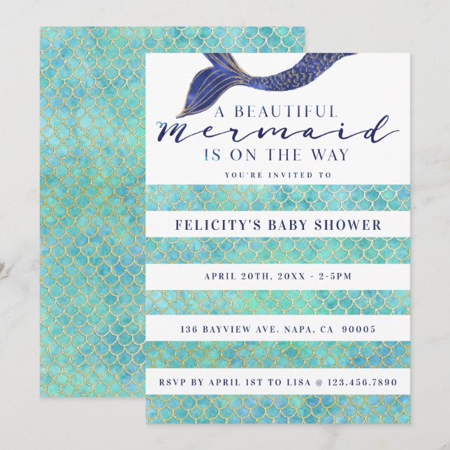 Invitation Balances et Baby shower de sirène d'or Aqua Navy (Devant / Derrière)
