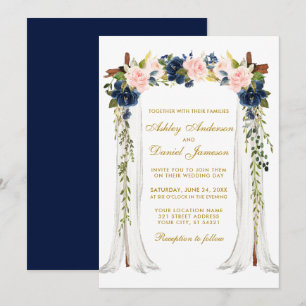 Invitation Baldaquin de mariage aquarelle bleu rose floral or